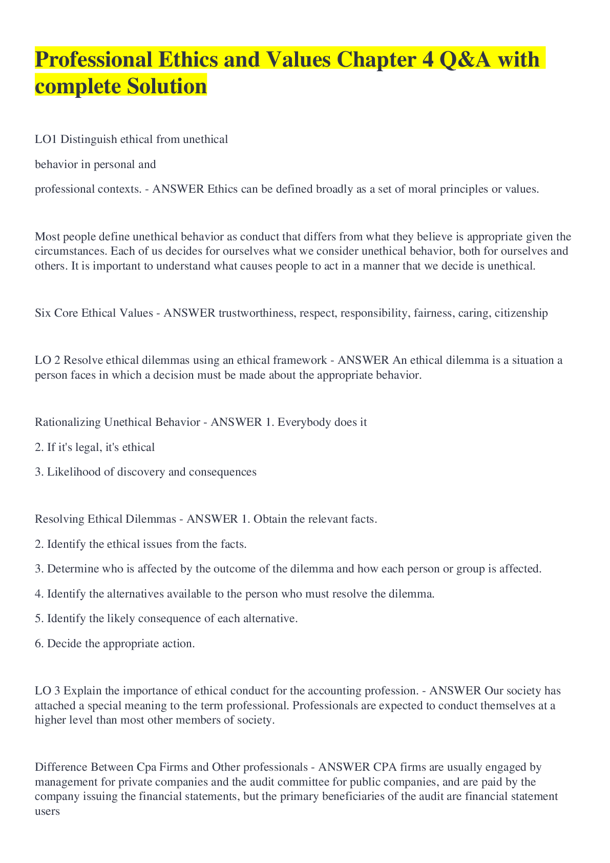 Preview image for Professional Ethics and Values Chapter 4 Q&A with complete Solution